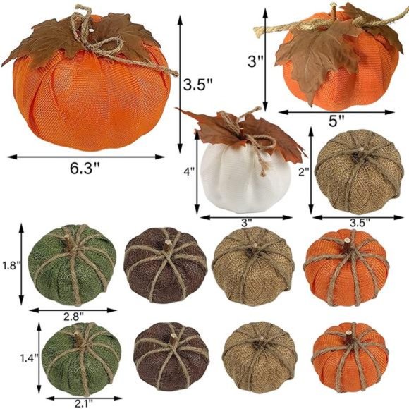 Set of 12 Thanksgiving Decor Artificial Pumpkins, Burlap Pumpkin with Leaves - Picture 4 of 6
